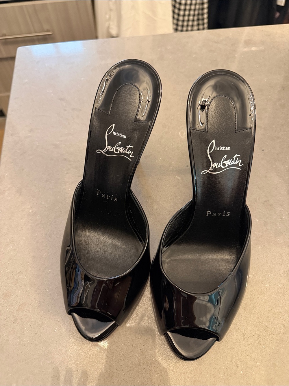 Christian Louboutin Black Patent Peep-Toe Mules with Red Sole - Picture 2 of 6
